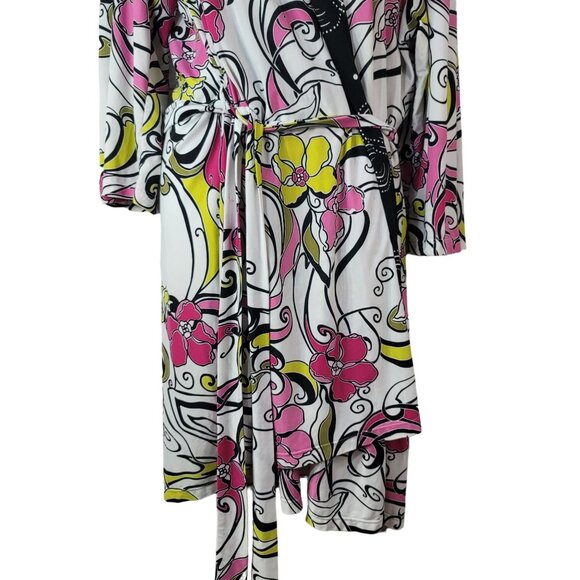 California Dynasty Dressing Gown Robe Black Pink Large XL Silky Belt Floral VTG - Picture 3 of 8